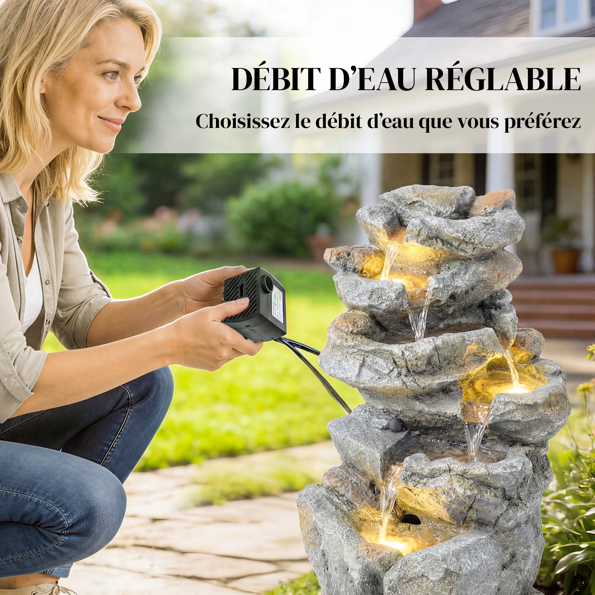 Fontaine jardin cascade 6 niveaux décoration zen résine pierre naturelle 33x27x53 cm gris - 8
