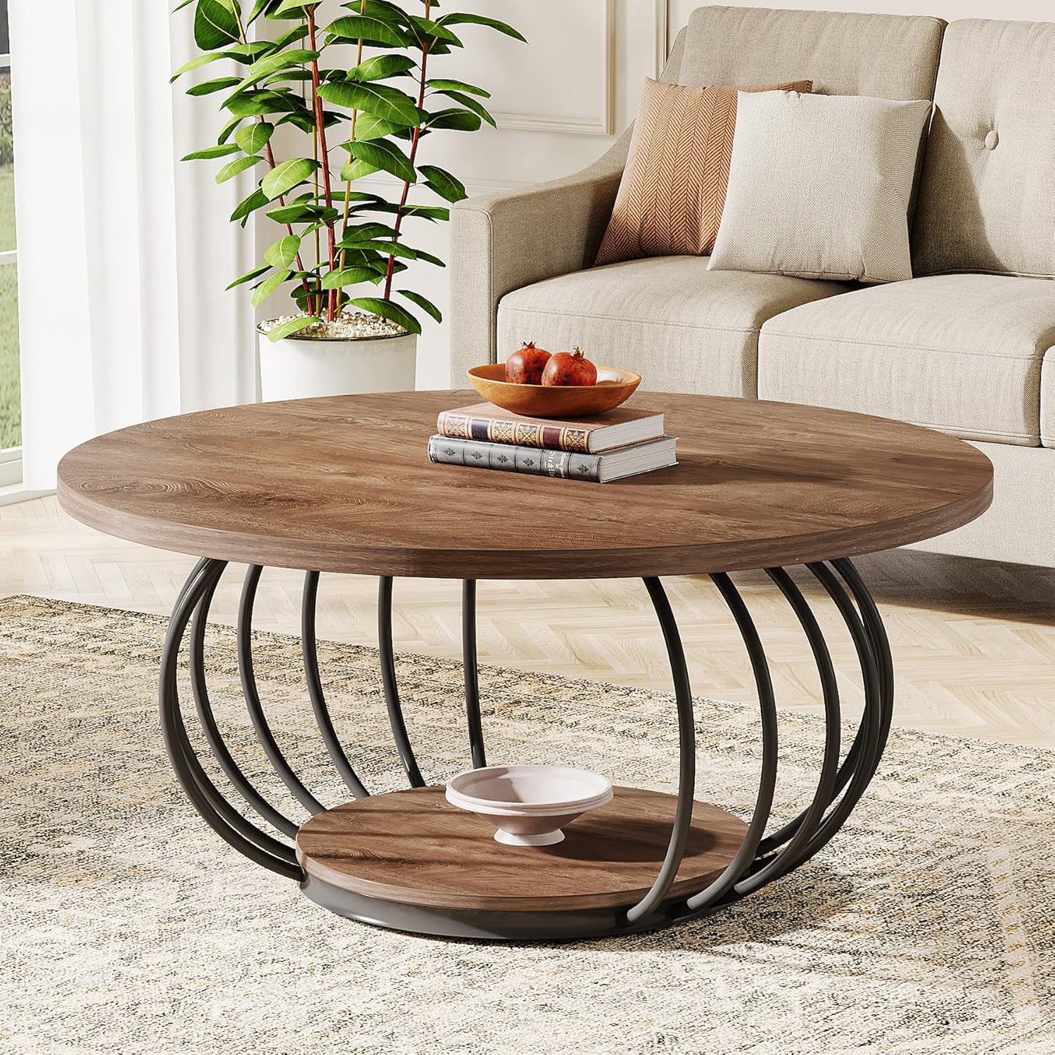 Tribesigns Okrągły stolik kawowy ze schowkiem, dwupoziomowa metalowa rama, 100 x 100 x 46 cm, słoje drewna, nowoczesny stolik kawowy do salonu - 5