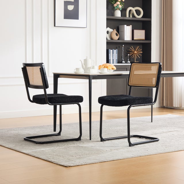 Lot de 2 Chaises de Salle à Manger 47x58x86cm - Cushion for Kitchen, Living Room, Bedroom - Synthetic Cane Back & Chenille Seat - Metal Frame - Noir