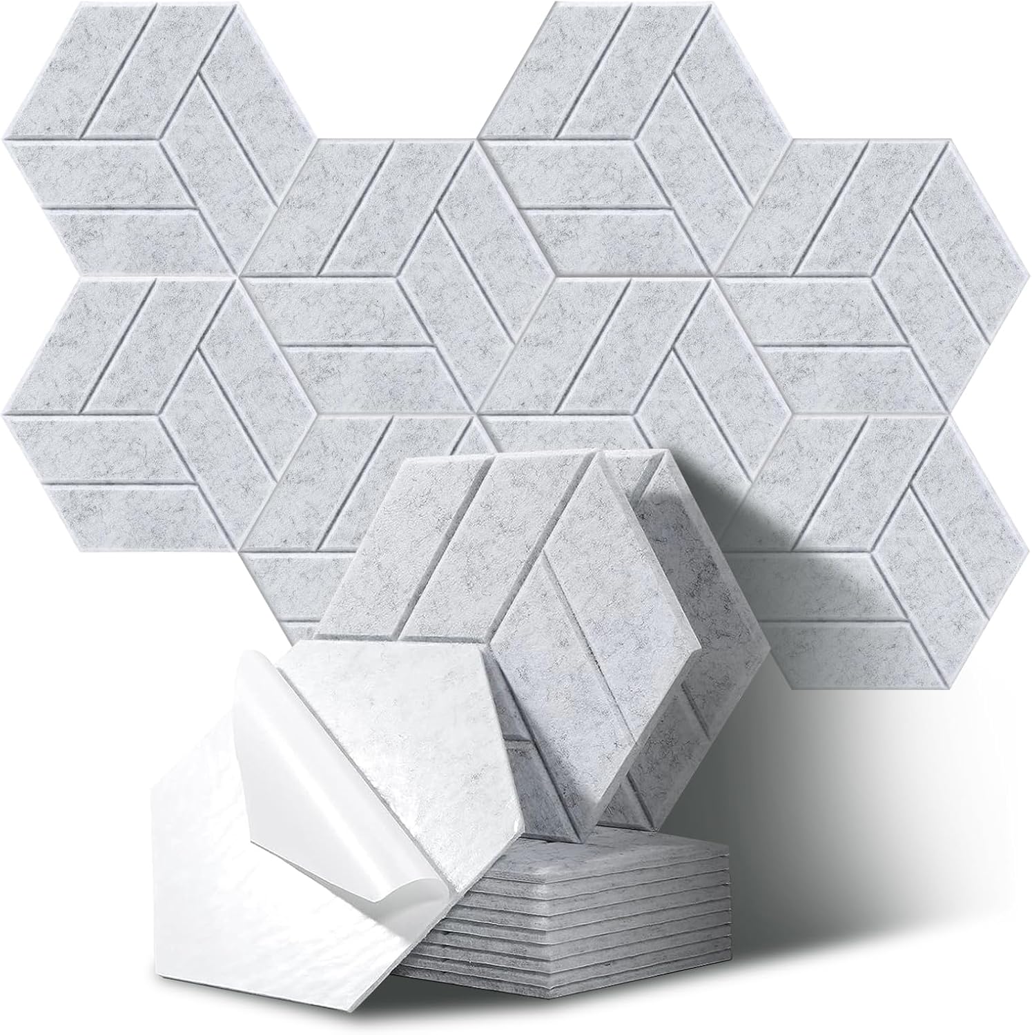 Sześciokątne panele akustyczne do studiów, biur i sal zabaw, opakowanie 12 sztuk, kolor srebrny (30 x 26 x 0,9 cm)