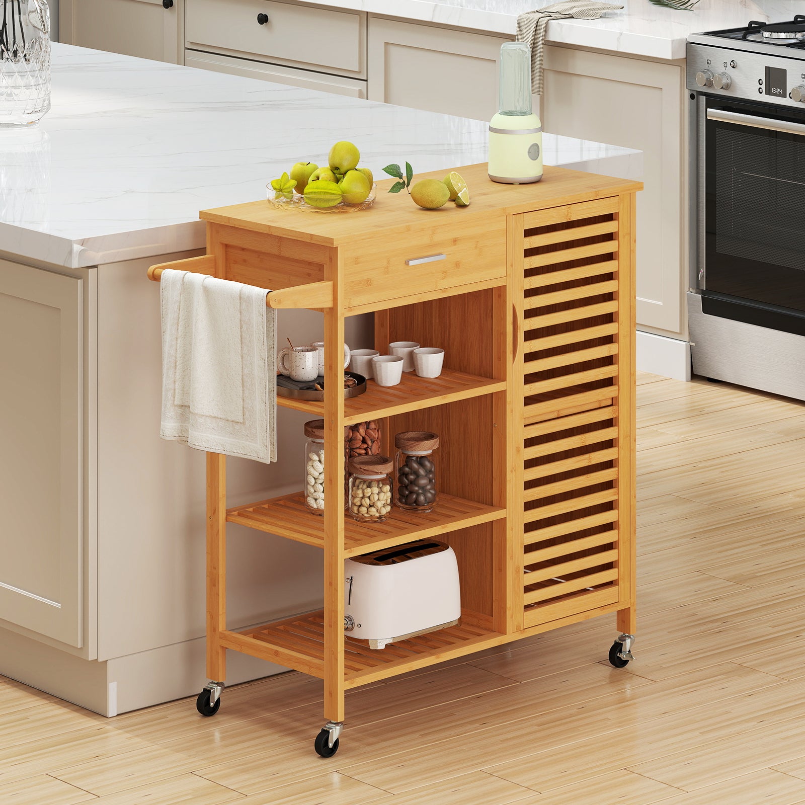 Desserte de Cuisine Roulant en Bambou avec Tiroir, 3 Étagères Ouvertes, 1 Armoire à Porte, Porte-serviettes, Roulettes Verrouillables, 91 x 44 x 89 cm - 9