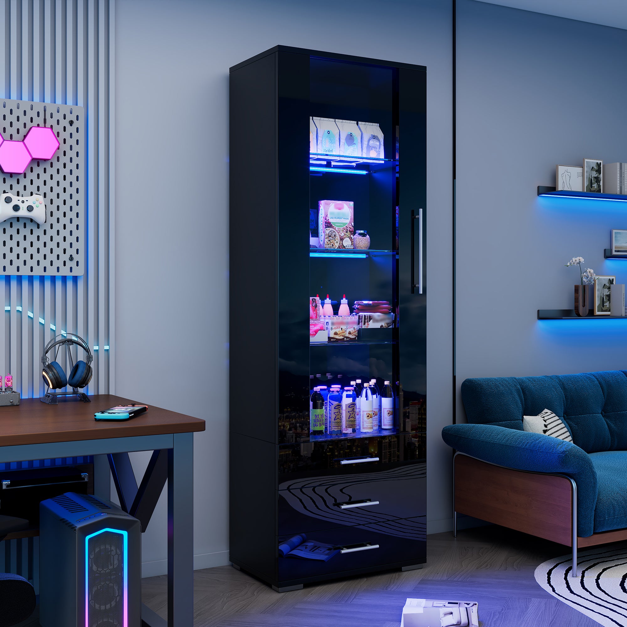 Modernluxe  Vitrina Brillante 60X35x180cm, Con Led, 3 Cajones Y Estantes, 1 Puerta Acrílica, Mdf, Negro , Leroy Merlin