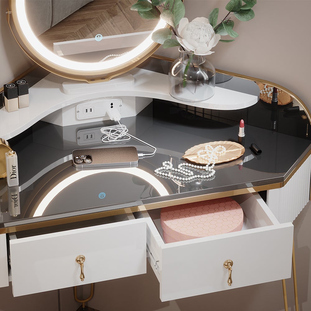 Coiffeuse Moderne Blanche Avec Miroir LED Et Rangement Multifonction M24026080