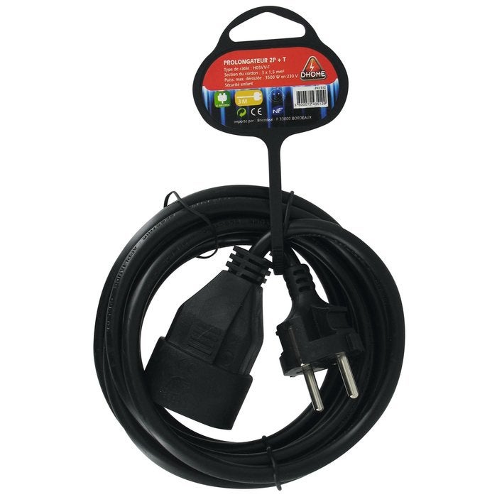 Rallonge électrique - Ménager - Dhome - H05 VV-F - 3G1,5 mm² - 2P+T - 16 A - L. 3 m - Noir - Brochable - 3