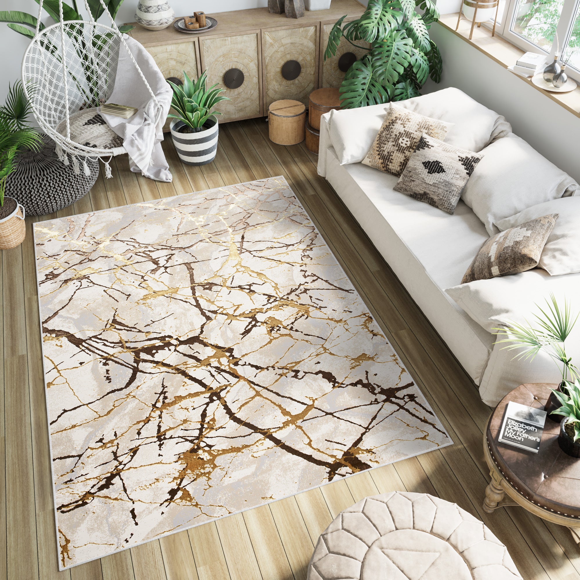 Tapiso golden alfombra de salón habitación moderno mármol beige dorado marrón chocolate gris crema pelo corto suave 200 x 300 cm