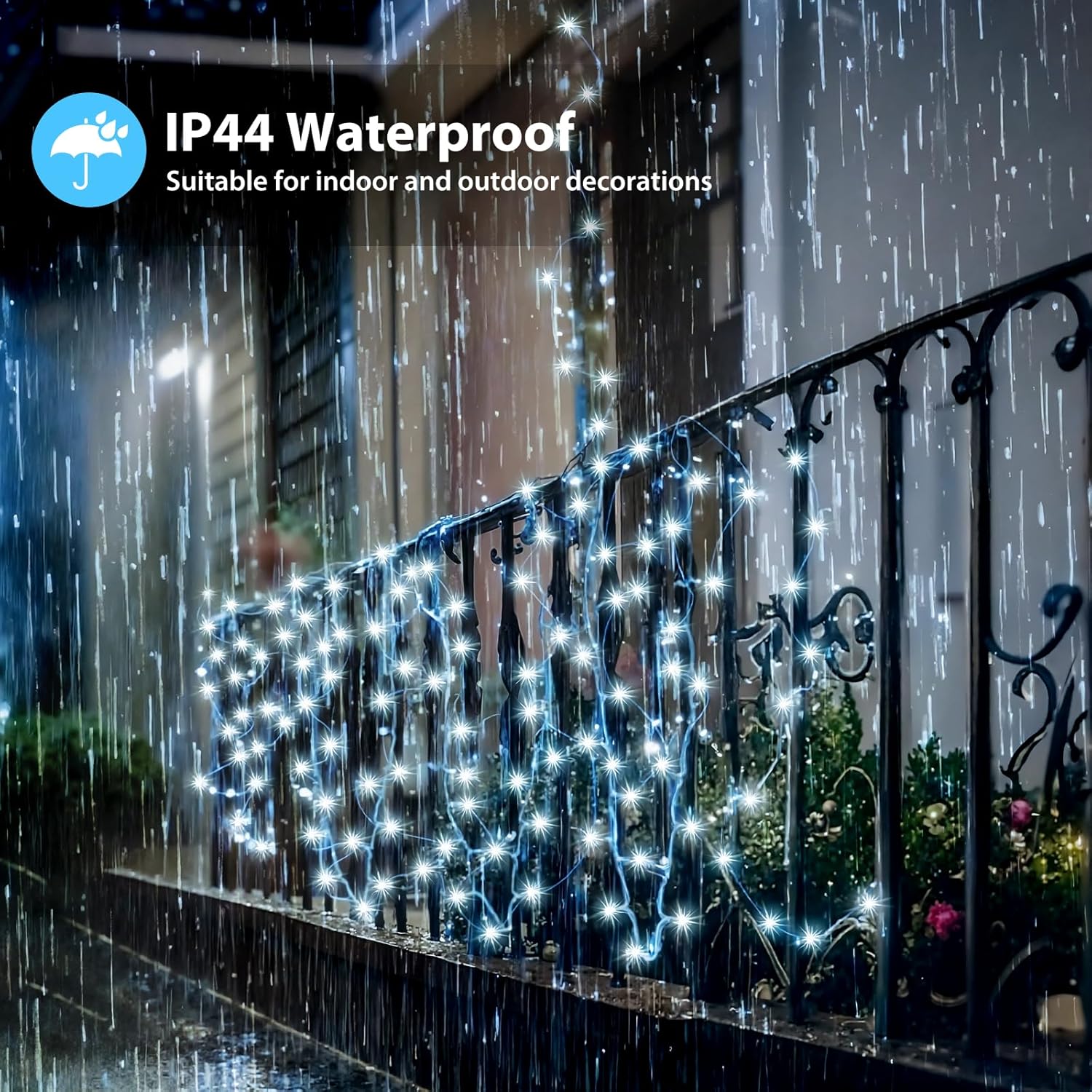 Catena luminosa a LED da 10 m con 100 LED, luci natalizie impermeabili IP44 con telecomando e timer, 8 modalità, bianco freddo - 4