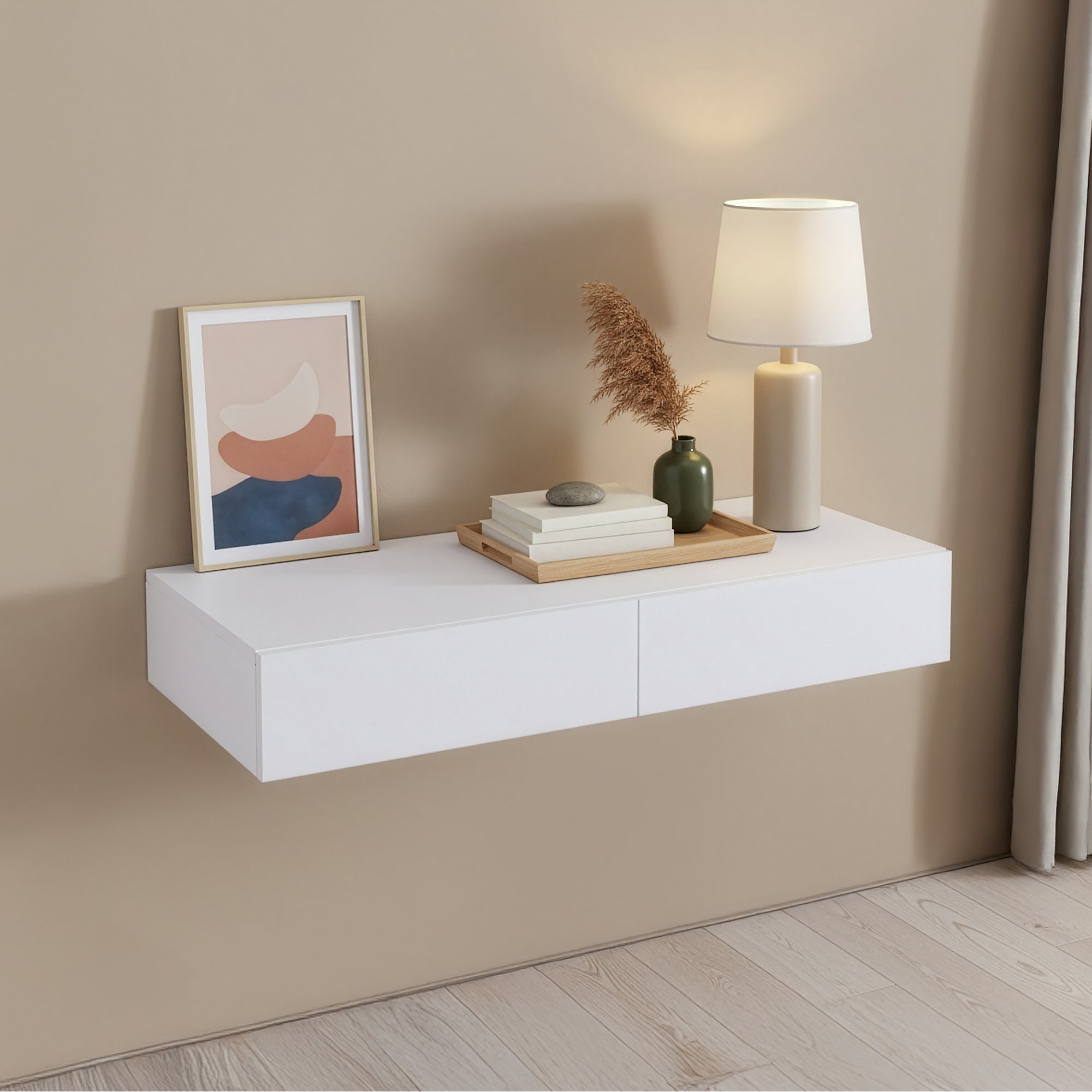 Mensola con 2 Cassetti Affiancati Consolle da Parete con Doppio Cassetto Comodino Sospeso 80x35x12 cm - Bianco [en.casa] - 2