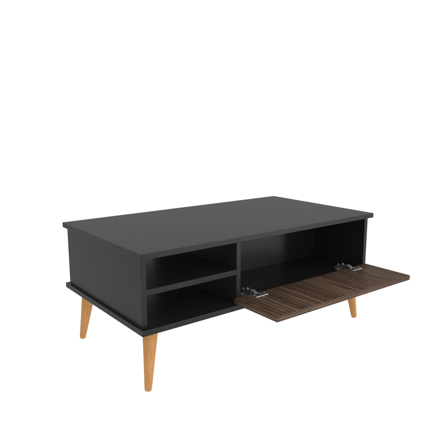 Como table basse 110 cm niches et armoires battants rangement pieds en bois (noir et alina) - 5