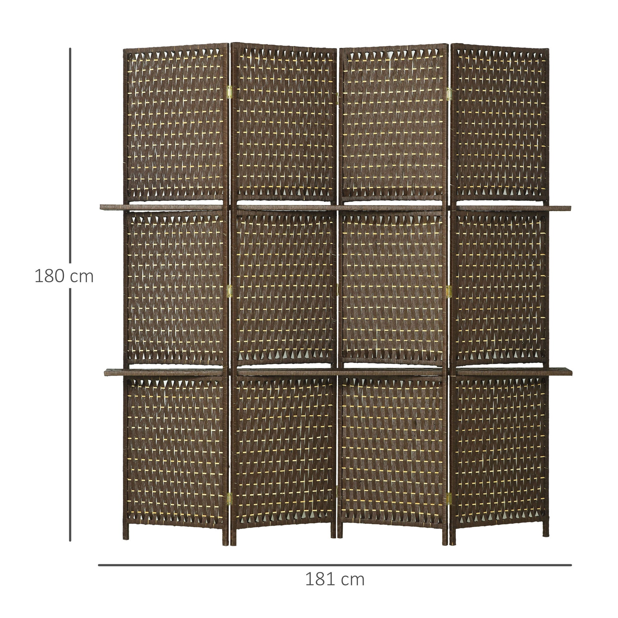 Paravent intérieur séparateur pièce 4 panneaux 2 étagères bois pin tressée fibres papier 181x180 cm marron - 5