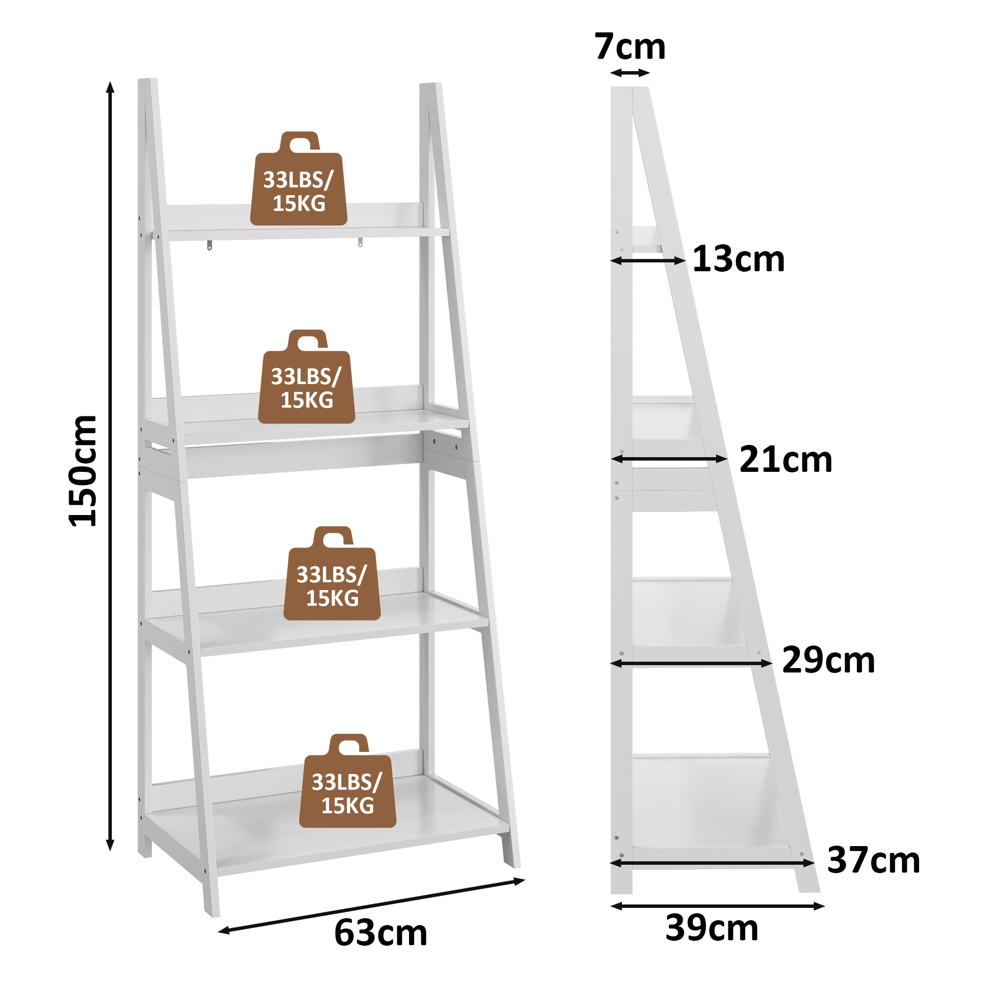 Étagère échelle 63x39x150 cm, présentoir, étagère à 4 niveaux, étagère de rangement, pour salle de bain/bureau/salon, blanc - 3