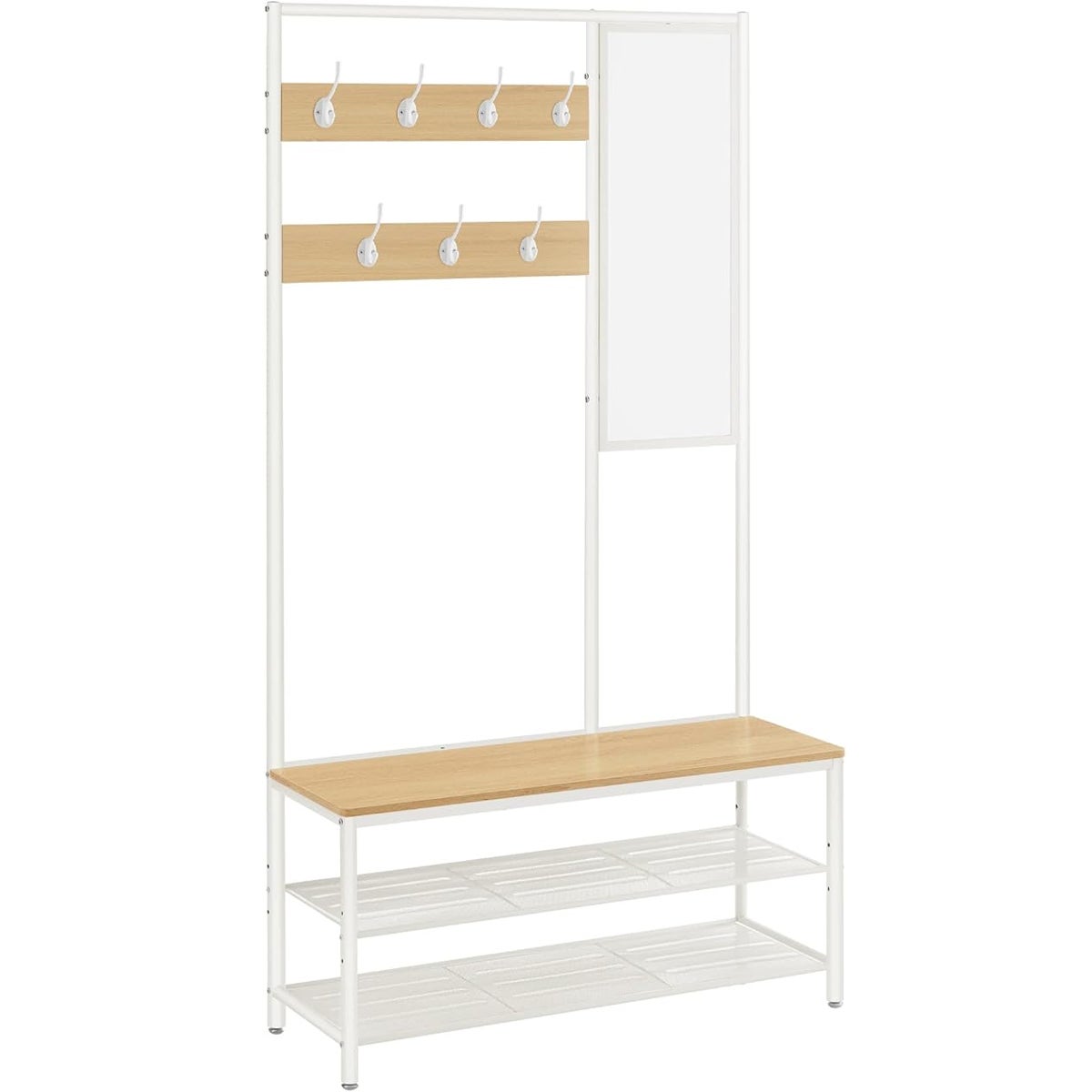 VASAGLE Cuier cu rafturi depozitare pantofi si ​​oglinda, industrial, 35x98x180 cm, maro stejar si alb