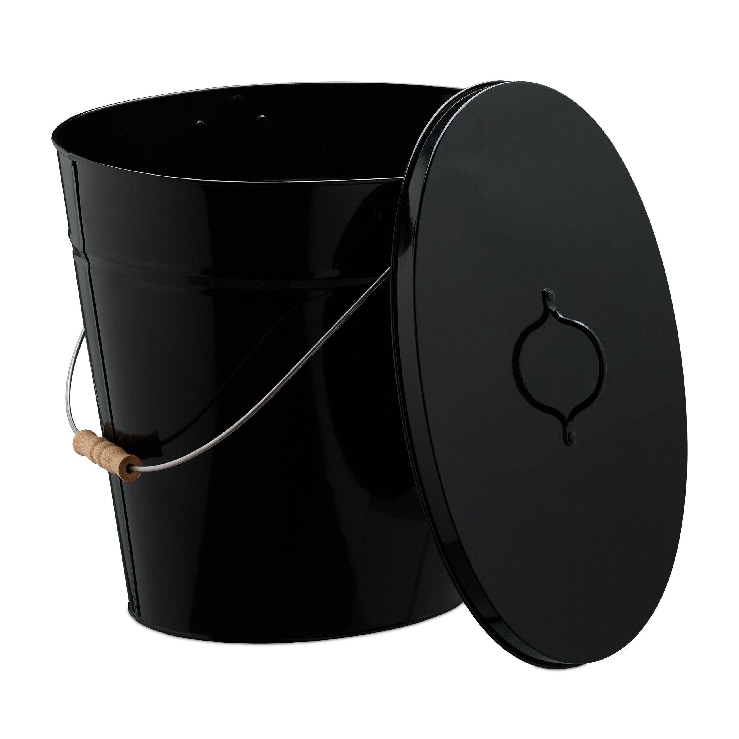 Relaxdays Secchio Raccogli Cenere Con Coperchio, 18,5 L, In Acciaio Nero Con Manico In Legno – Per Camino, Stufa E Barbecue, Multiuso Per Carbonella E Pellet