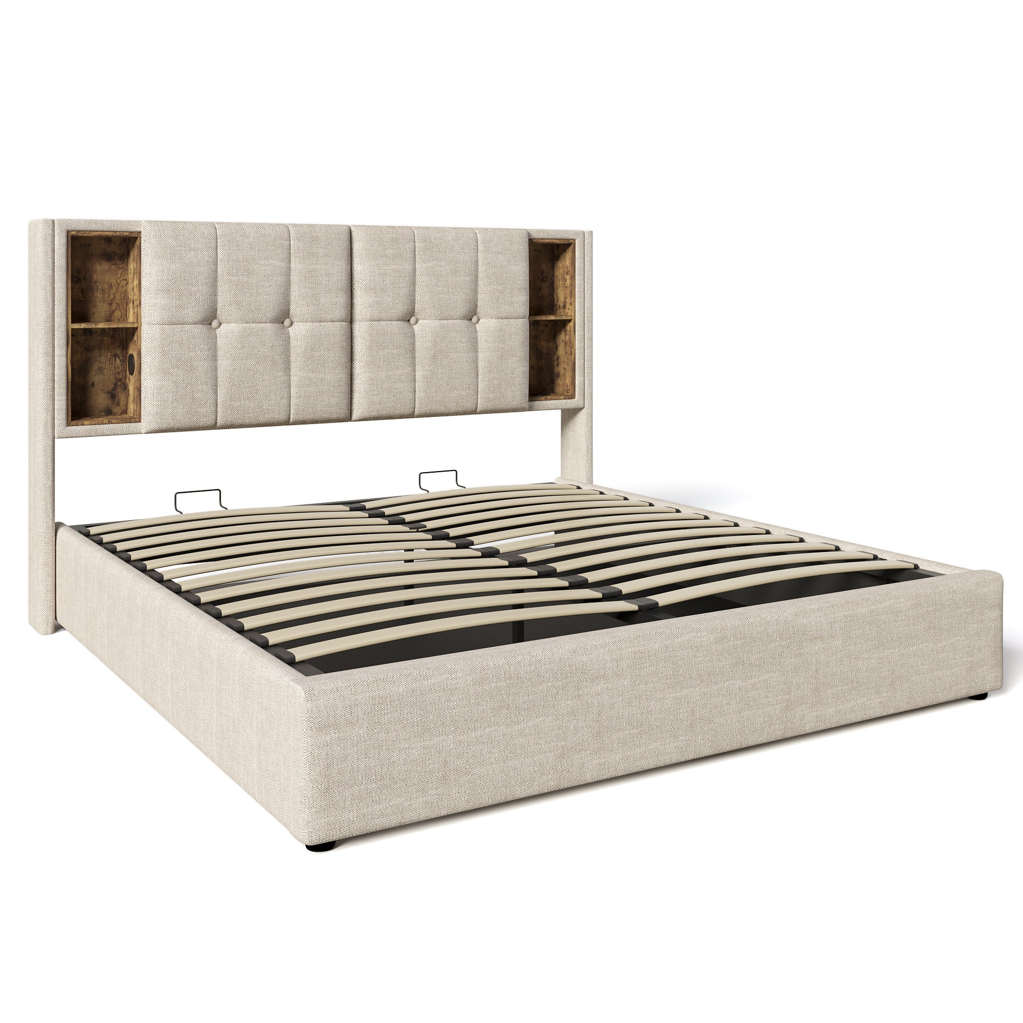 Lit coffre lit double 160x200 cm avec chargement USB - lin, coloris naturel (sans matelas) - 9