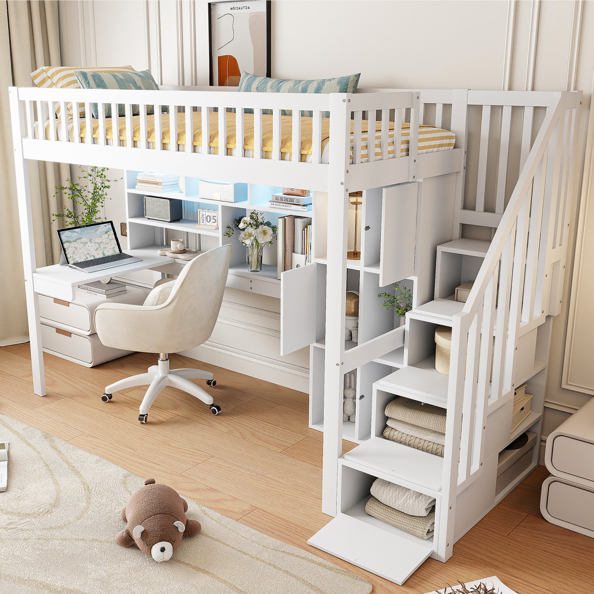 Lit mezzanine en bois 90x200cm, Lit superposé avec escalier de rangement et bureau, éclairage LED, lit d'enfant avec sommier à lattes, blanc - 6