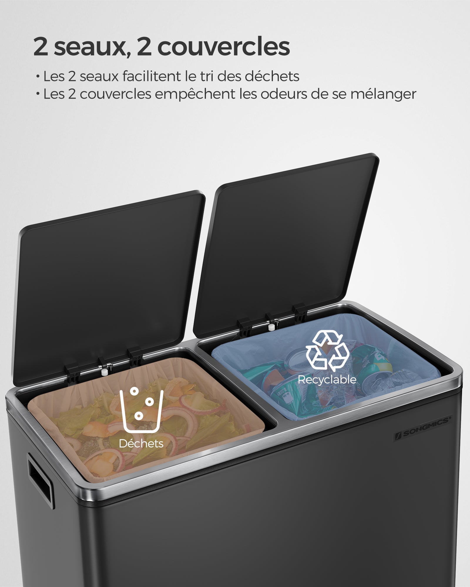 Poubelle Cuisine Tri Sélectif 2 X 30l, 2 Seaux En Plasatique, Avec 15 Sacs Poubelles, Noir - 3