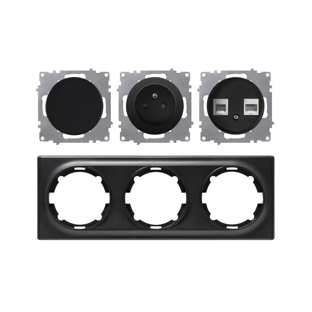Prise avec terre 16A + interrupteur + double prise RJ45 complet horizontal Florence OneKeyElectro noir