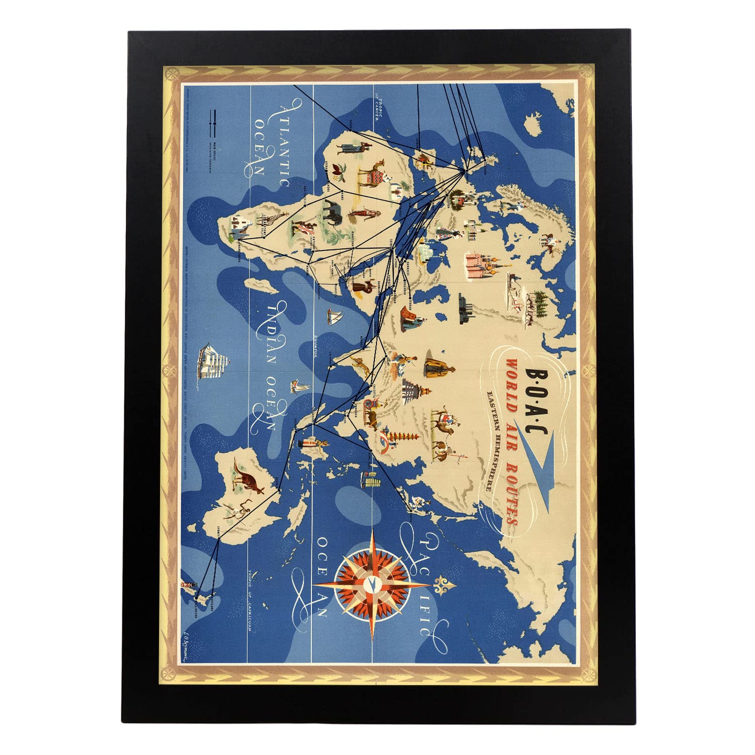 Boac-world-route-map-eastery-hemispher Black Cadre A3 Avec Cadre Noir ...