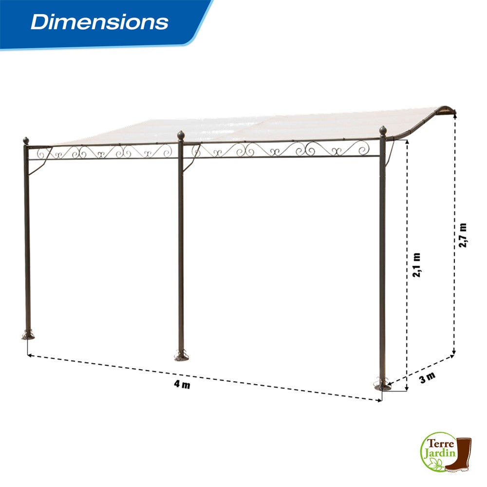 Tonnelle Adossée en fer forgé - Toile Beige, Polyester 160 g/m² - 4 x 3 m - 5