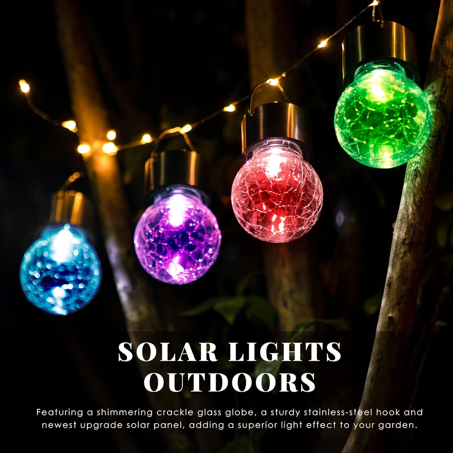 8 Luci Solari A Sospensione In Vetro Incrinato – Led Multicolore, Alimentazione Solare, Impermeabili, Con Manico Per Patio E Giardino - 5