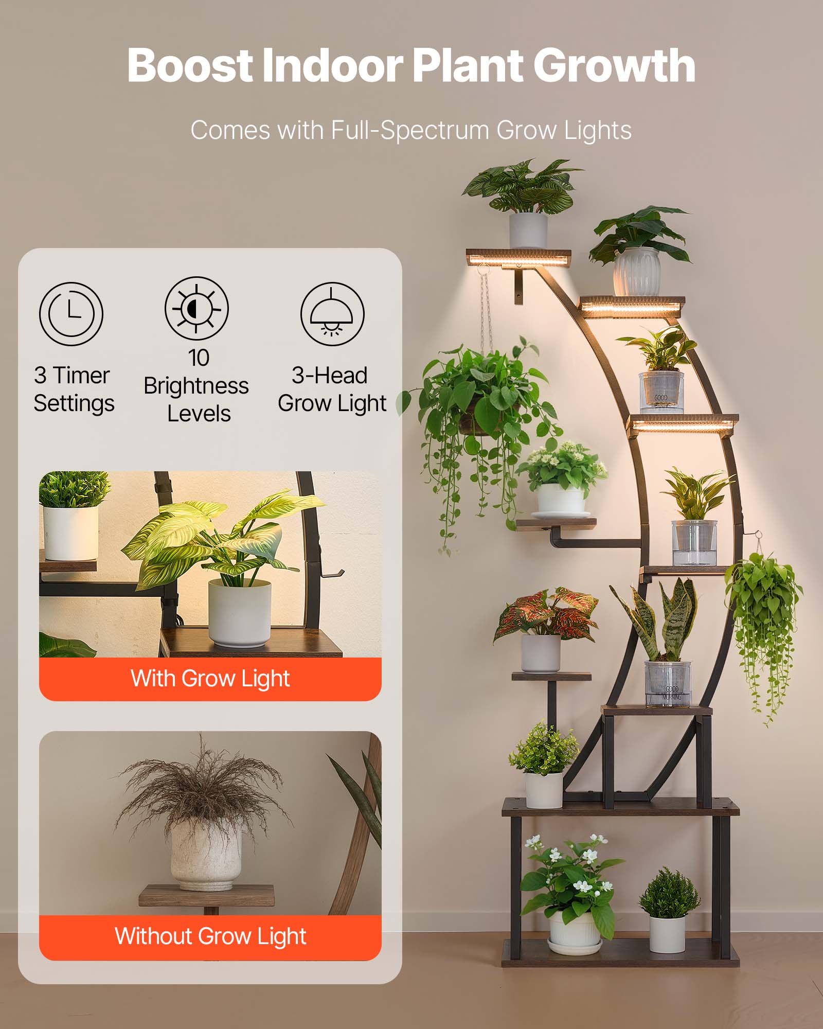 Support Plantes Intérieur VEVOR avec Lampe Croissance, 9 Niveaux, 160 cm, 3 Réglages Minuterie, 10 Niveaux Luminosité, Fleurs Incurvé pour Déco Salon - 3