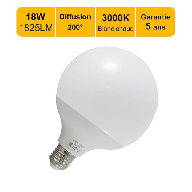 Ampoule LED E27 Globe G120 18W 1825Lm 3000K - garantie 5 ans
