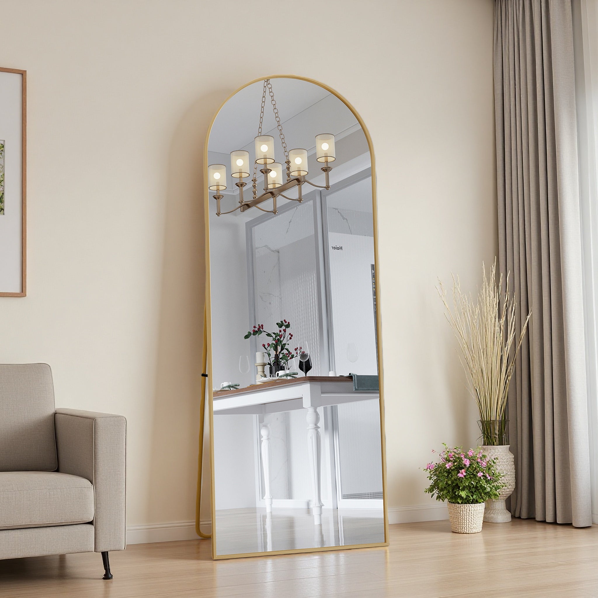 miroir sur pied, miroir arche, 162 x 53 cm, grand miroir, miroir sur pied chambre, miroir doré, pour Chambre, Salon, Dressing - 6