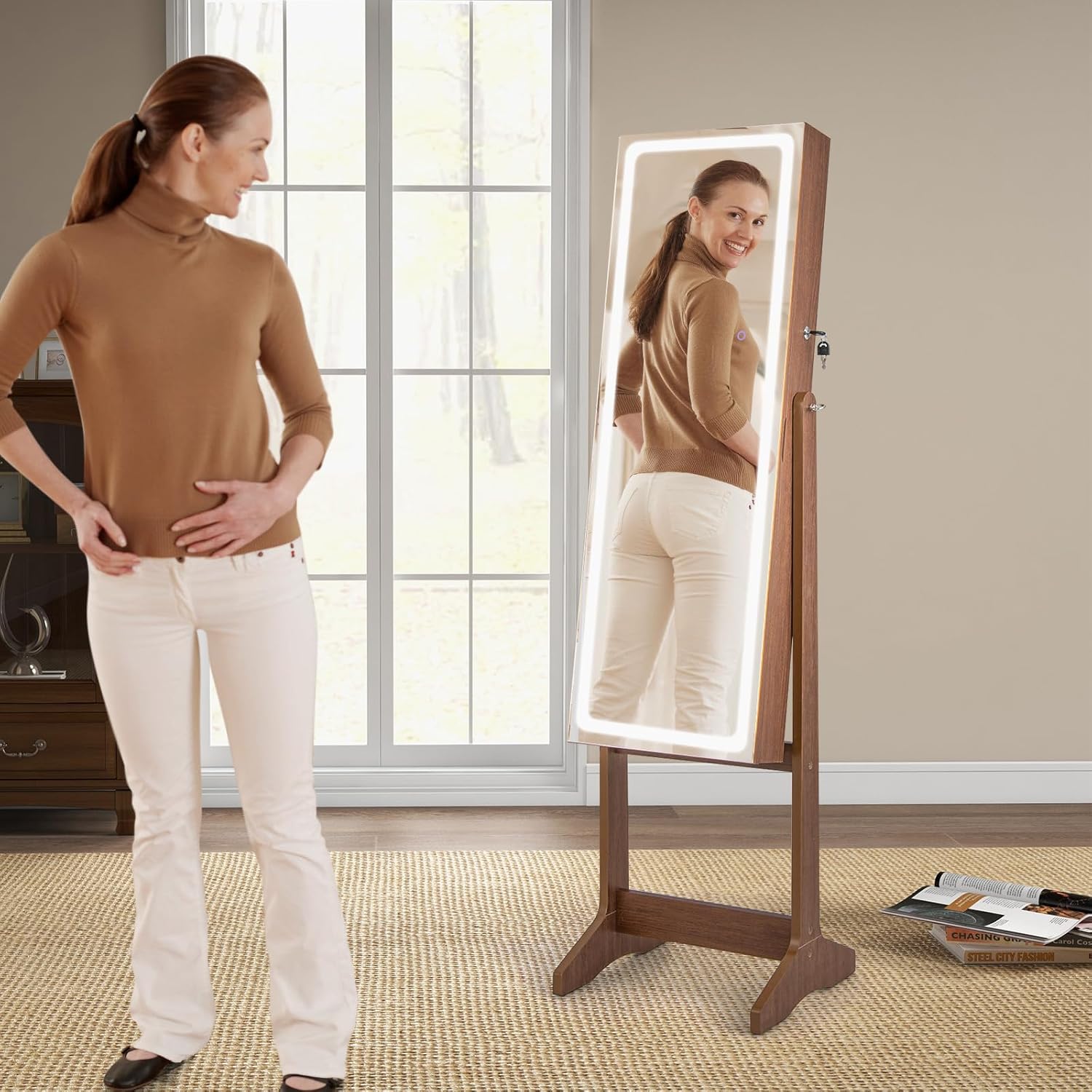 Armoire à Bijoux avec Miroir, Armoire de Rangement sur Pied pour Boucles d'Oreilles, Organisateur de Bijoux Verrouillable avec Lumières(Brun) - 2