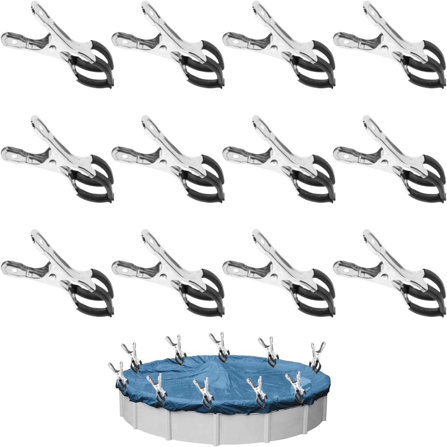 Lot De 12 Pinces Métalliques Pour Fixation De Bâche De Piscine - Acier Inoxydable, Revêtement Caoutchouc - Ouverture Max 5 Cm