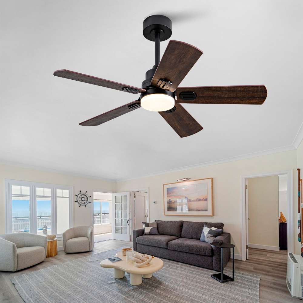 Ventilador techo 42 pulgadas negro con luz, aspas reversibles nogal claro/oscuro, led regulable, para exterior