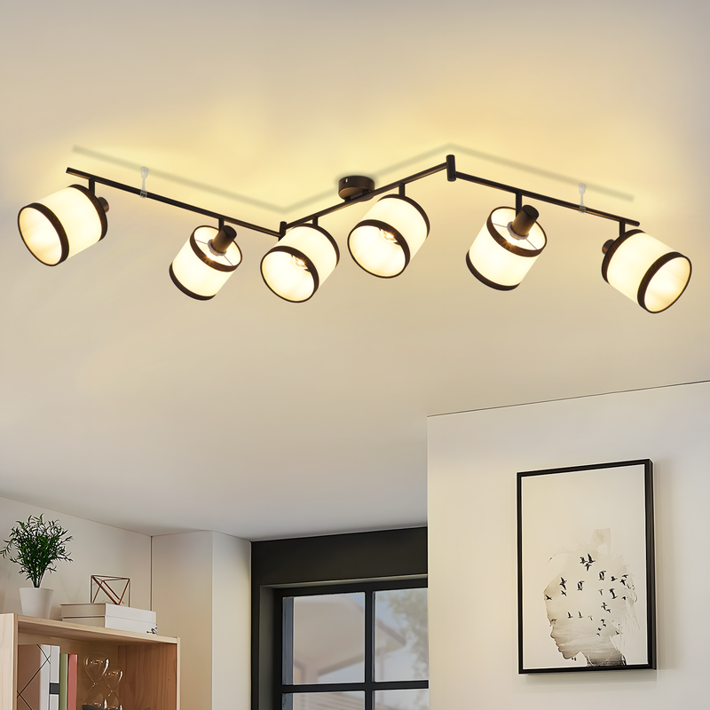 ZMH lampa sufitowa 6-punktowy czarny reflektor sufitowy w stylu retro z tkaniny E14 obrotowa o 350° do salonu sypialni kuchni biura (bez żarówki)
