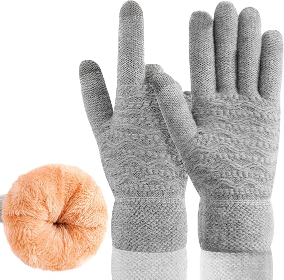 Ciepłe, zimowe rękawiczki dotykowe, szare, 22 cm, damskie, termiczne, dzianinowe, z wełnianą wyściółką, odpowiednie do niskich temperatur.