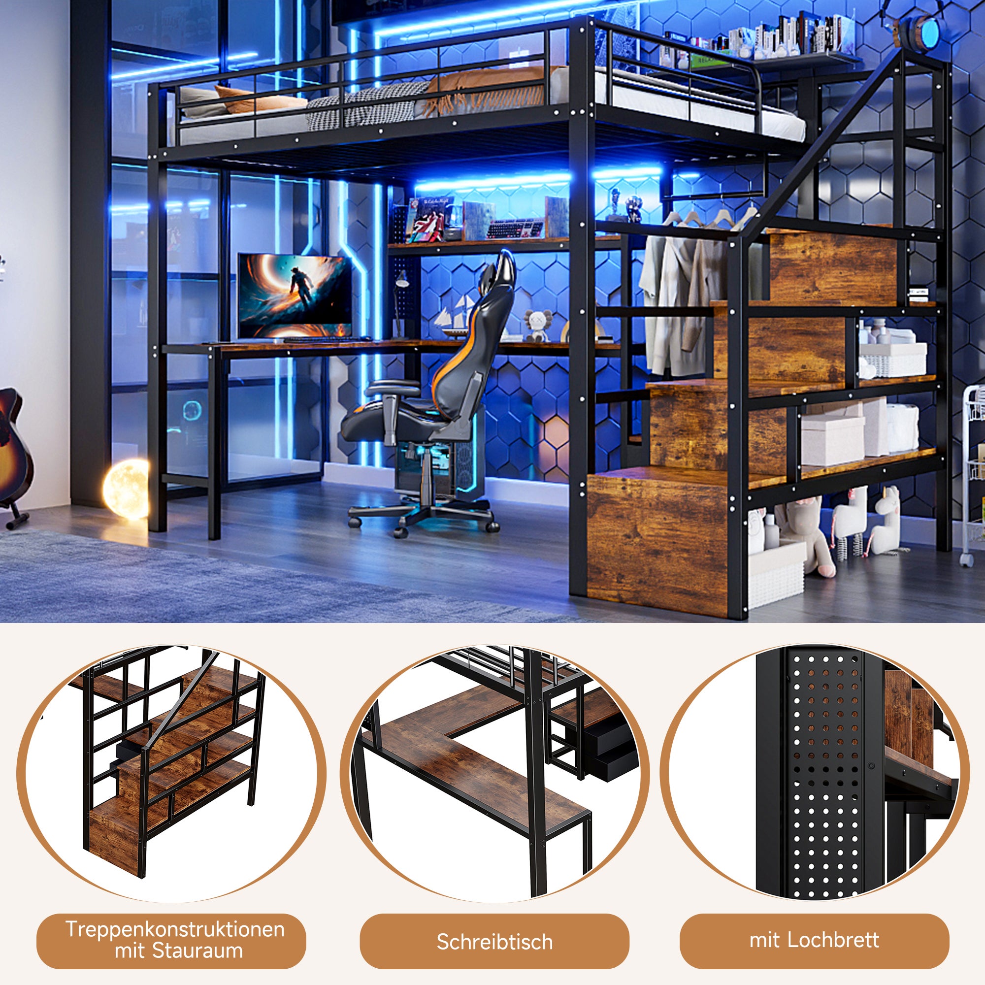 Lit Mezzanine en Métal 140x200 cm avec 2 Tiroirs et Penderie, Lit superposé avec échelle de rangement, Bureau et LED, Lit Double Noir, Sans matelas - 4