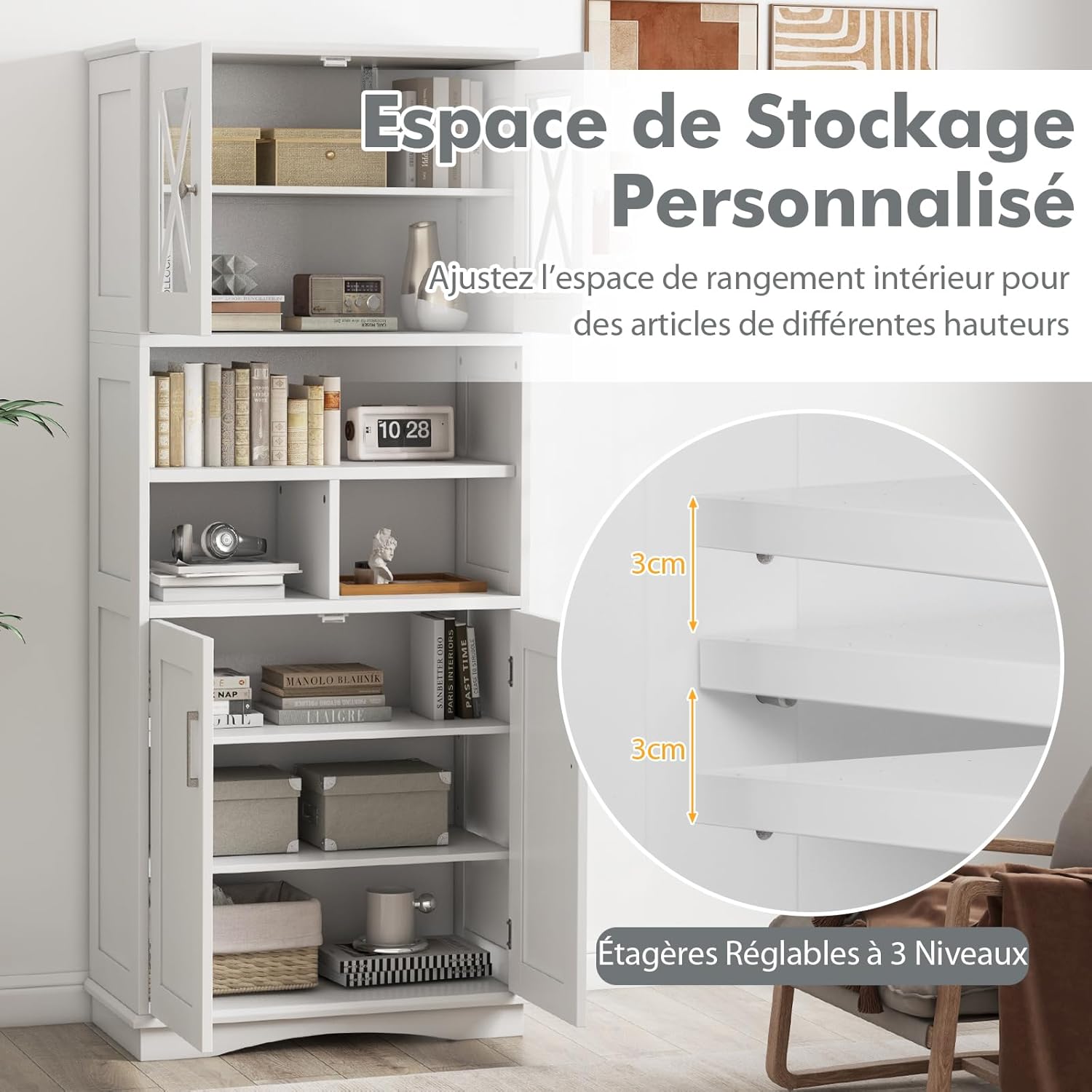 Armario de Baño de 145 cm de Altura, Armario Independiente con Puertas Acrílicas y Estantes Ajustables, 3 Compartimentos Abiertos, Organizador de - 3