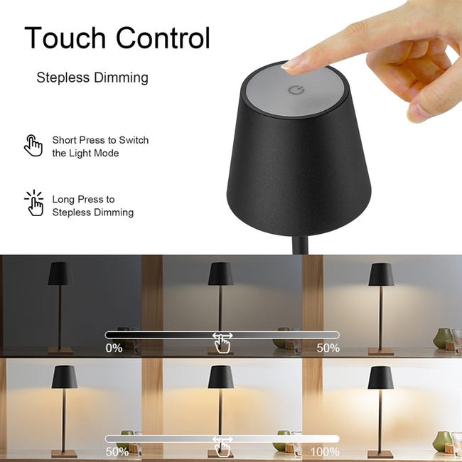 Lampade da tavolo senza fili, lampada da scrivania con dimmer continuo, lampada LED touch ricaricabile, batteria da 5200 mAh, IP54, nero, 2 pezzi | Leroy Merlin Lampade da tavolo senza fili, lampada da scrivania con dimmer continuo, lampada LED touch ricaricabile, batteria da 5200 mAh, IP54, nero, 2 pezzi | Leroy Merlin
