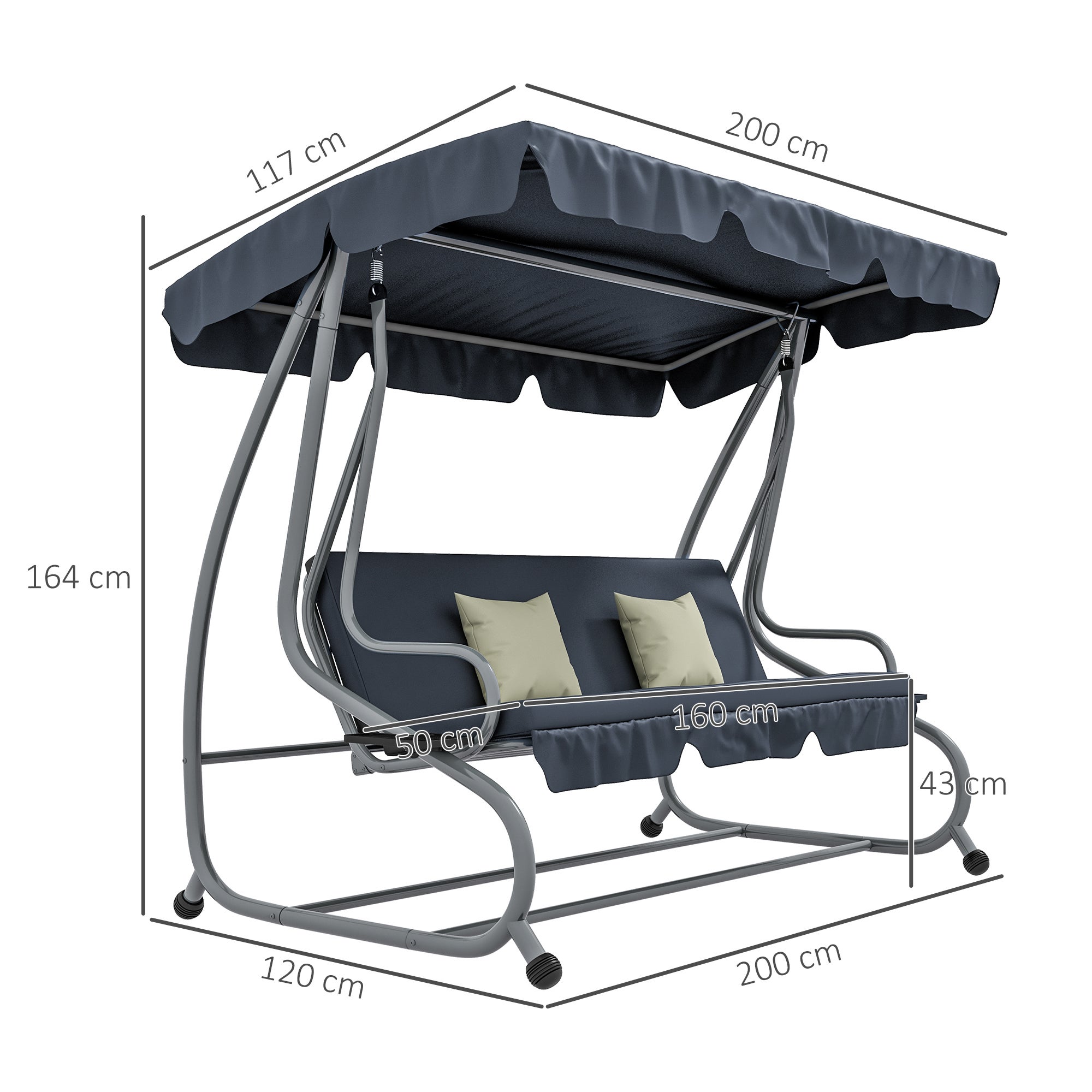 Balancelle de jardin 3 places convertible 2 tablettes coussins gris - 3