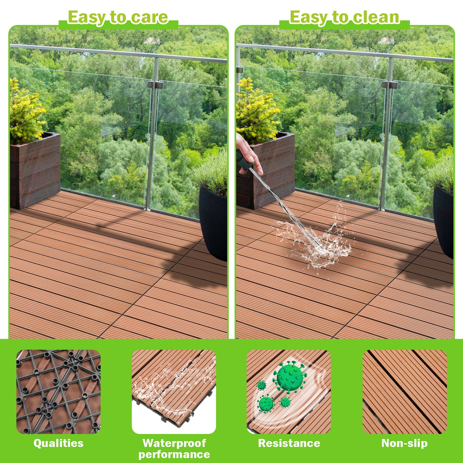 Dalles de terrasse composite marron 30 × 60 cm – Revêtement de sol extérieur pour balcon et jardin, 6 pièces - 5