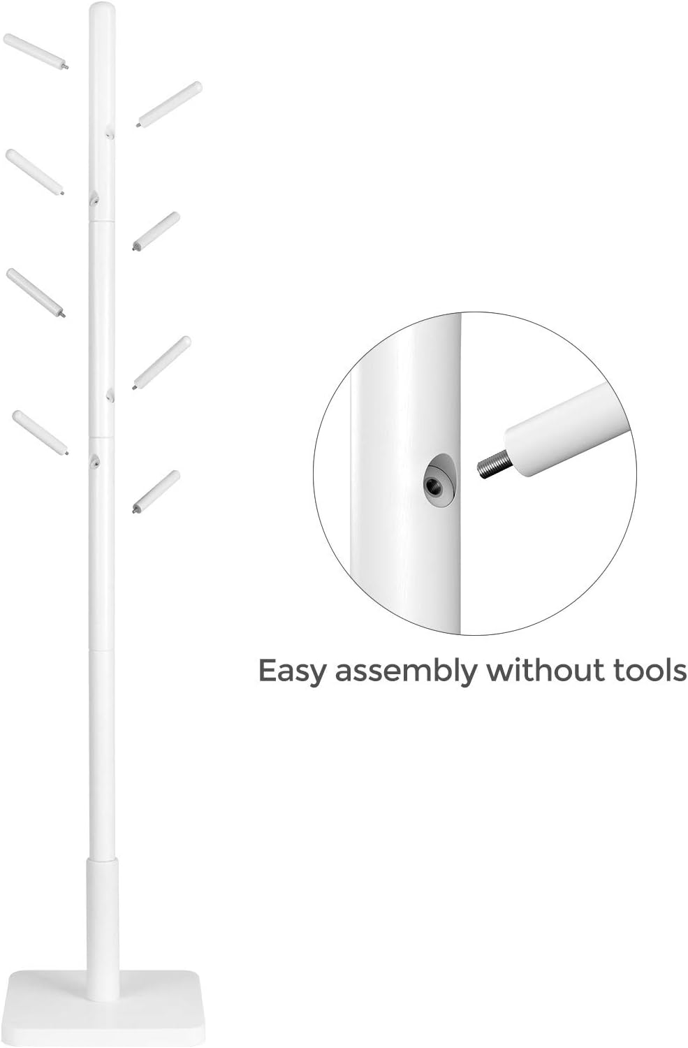 Attaccapanni da Terra in Legno con 8 Ganci, 3 Altezze, Ganci e Palo in Legno di Gomma, Bianco Nuvola, Regalo Natale - 3