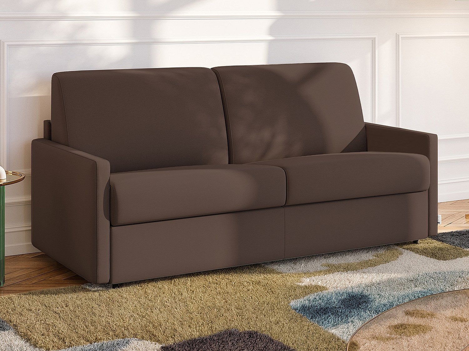 Kanapa 4-osobowa rozkładana typu express z tkaniny - Brązowy- Pow. spania 160 cm - Materac 14 cm CALIFE