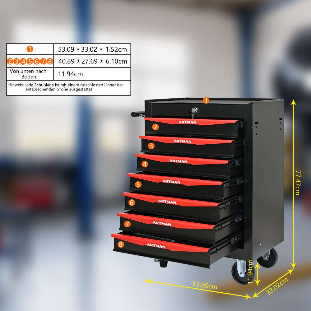 Caja de Herramientas Móvil de Metal 7 Cajones con Ruedas, Organizador de Acero Negro y Rojo con Cerradura y Guías de Bolas - 7