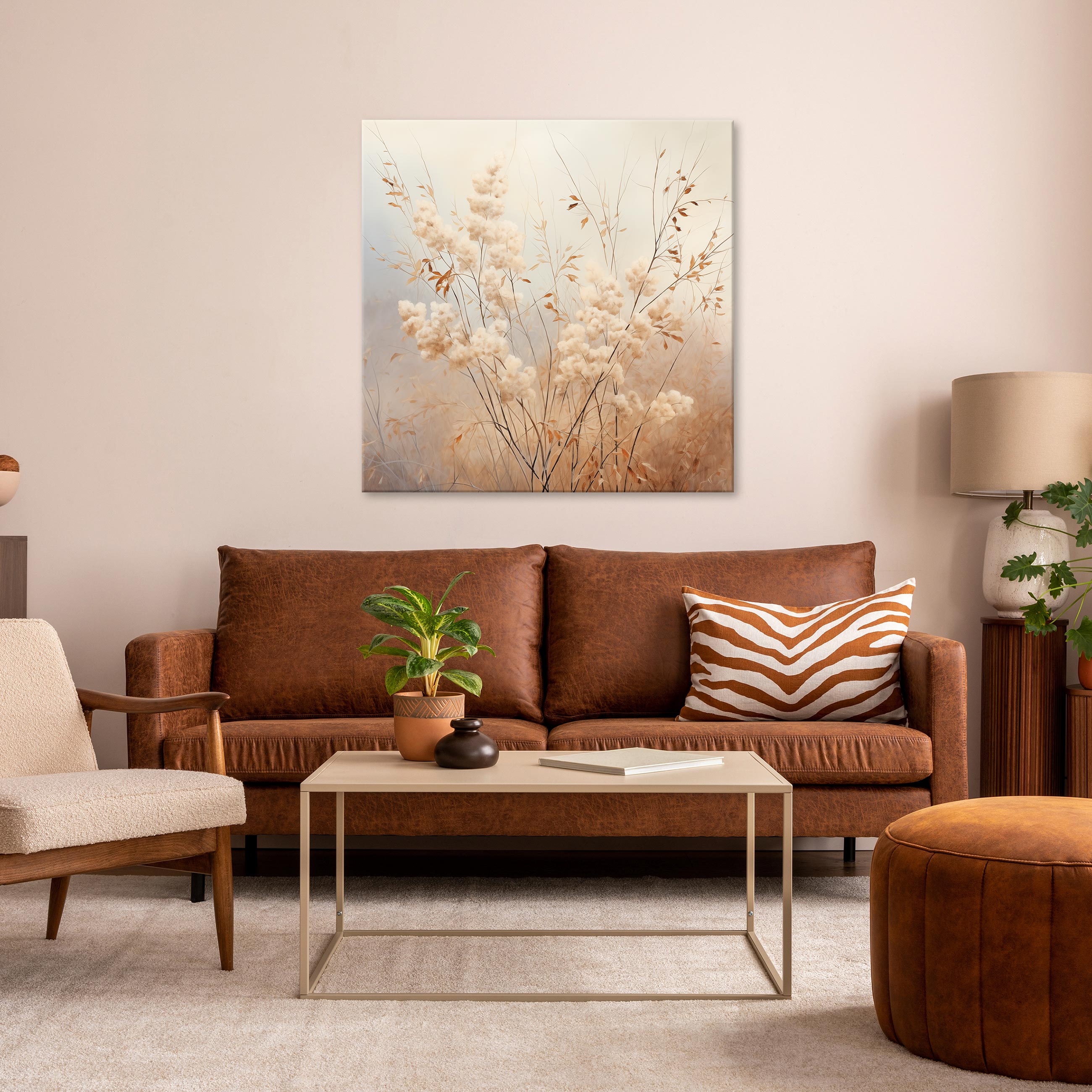 Impression sur Toile Herbe à Papas Boho Art Moderne 80x80 cm XXL Tableau Décoration Murale Intissée pour Salon Chambre pret a accroche - 2
