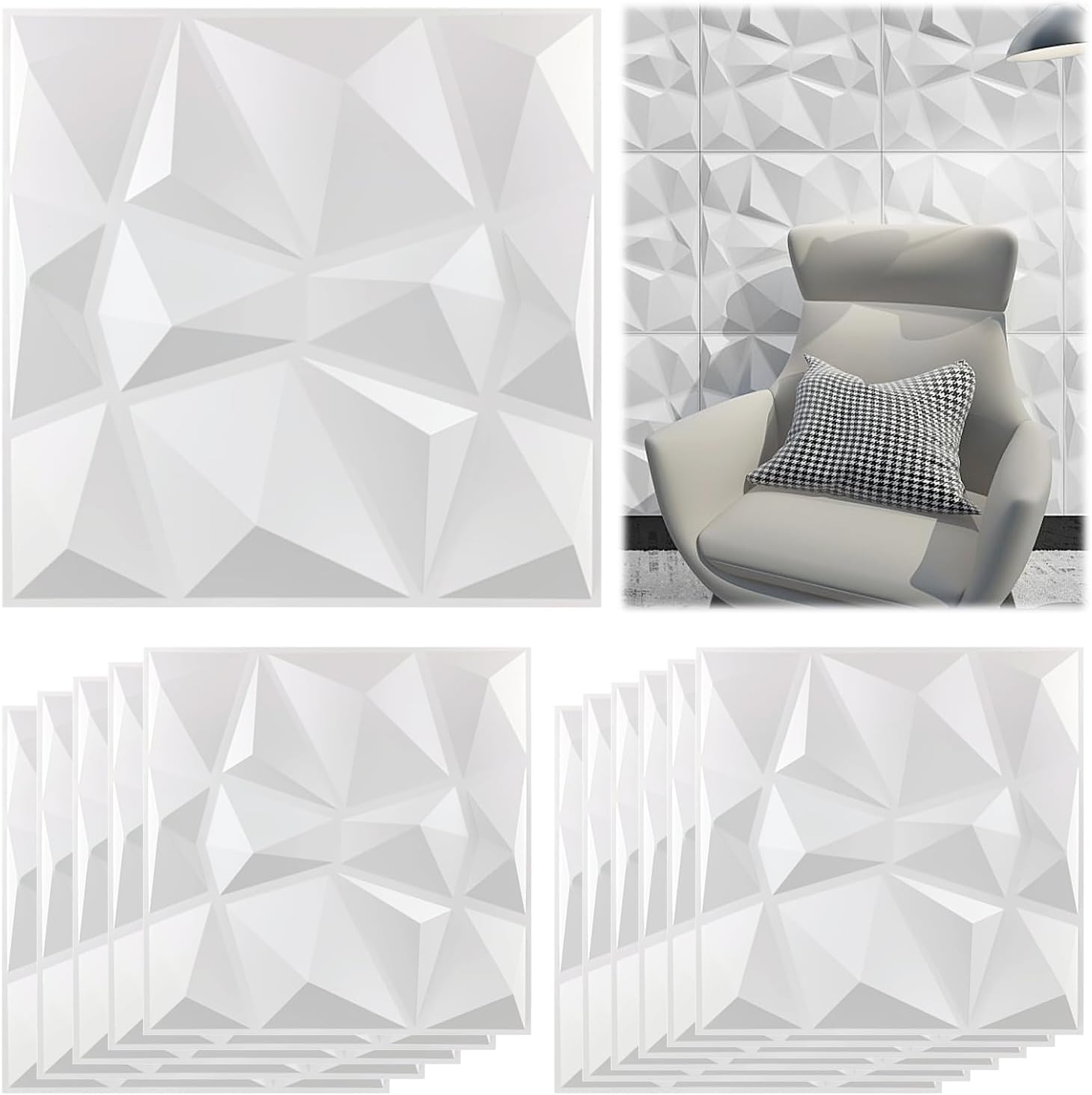 12 Panneaux Muraux 3D Dorés Champagne, Motifs Diamant, Moderne, 50x50cm