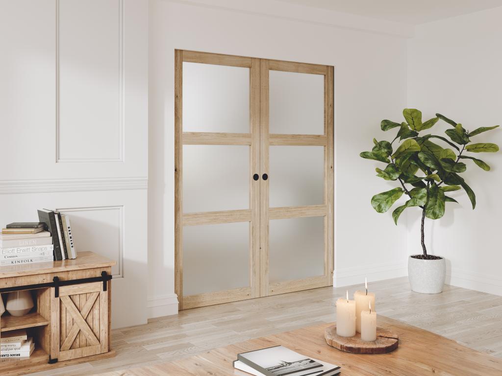 Porte coulissante double avec système à galandage en bois et verre