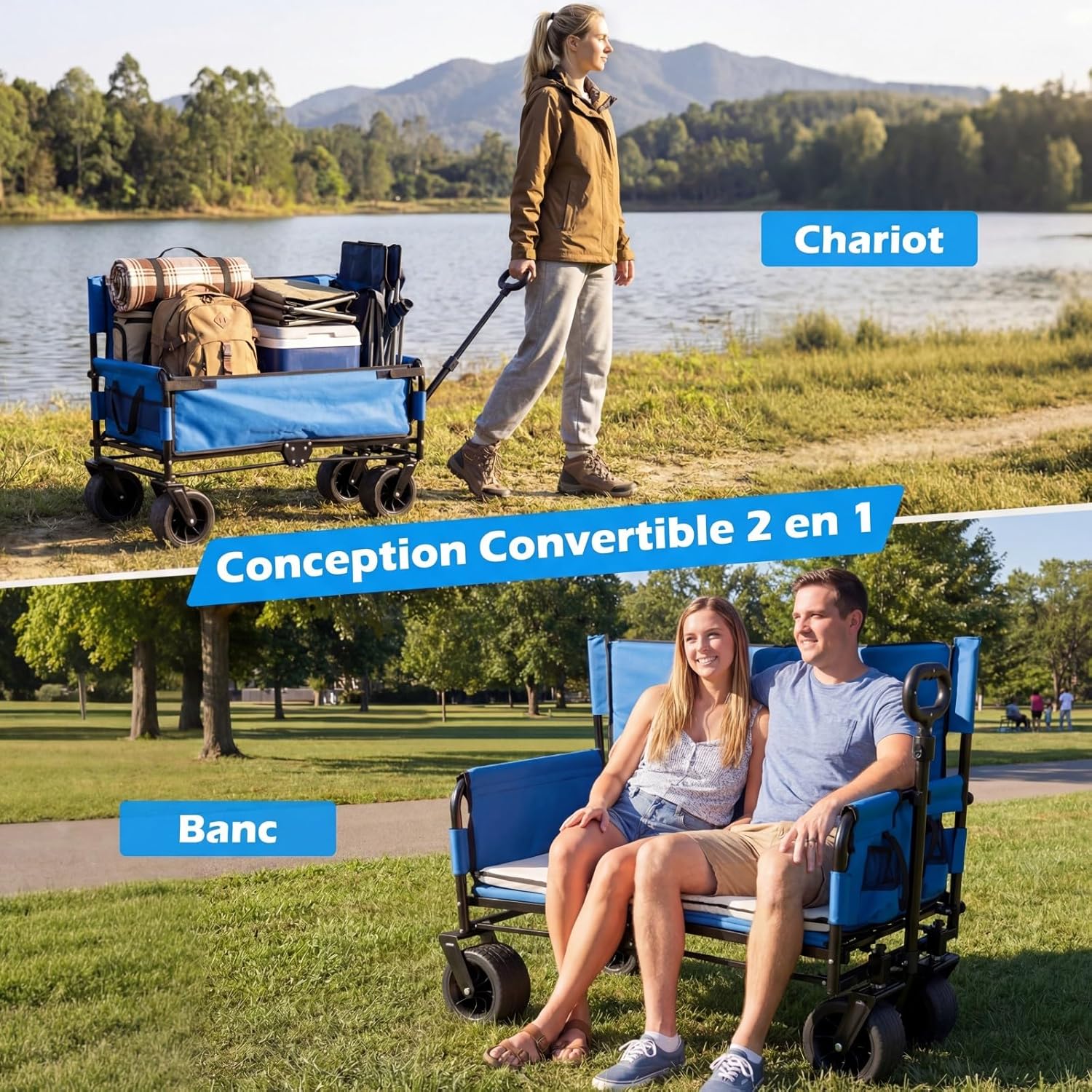 GIANTEX Chariot de Plage Pliable Banc 2-en-1, Chariot de Transport 85 L,Poignée Ajustable Poussée/tirée Coussins Doux et Roues Tout-Terrain,Bleu - 7