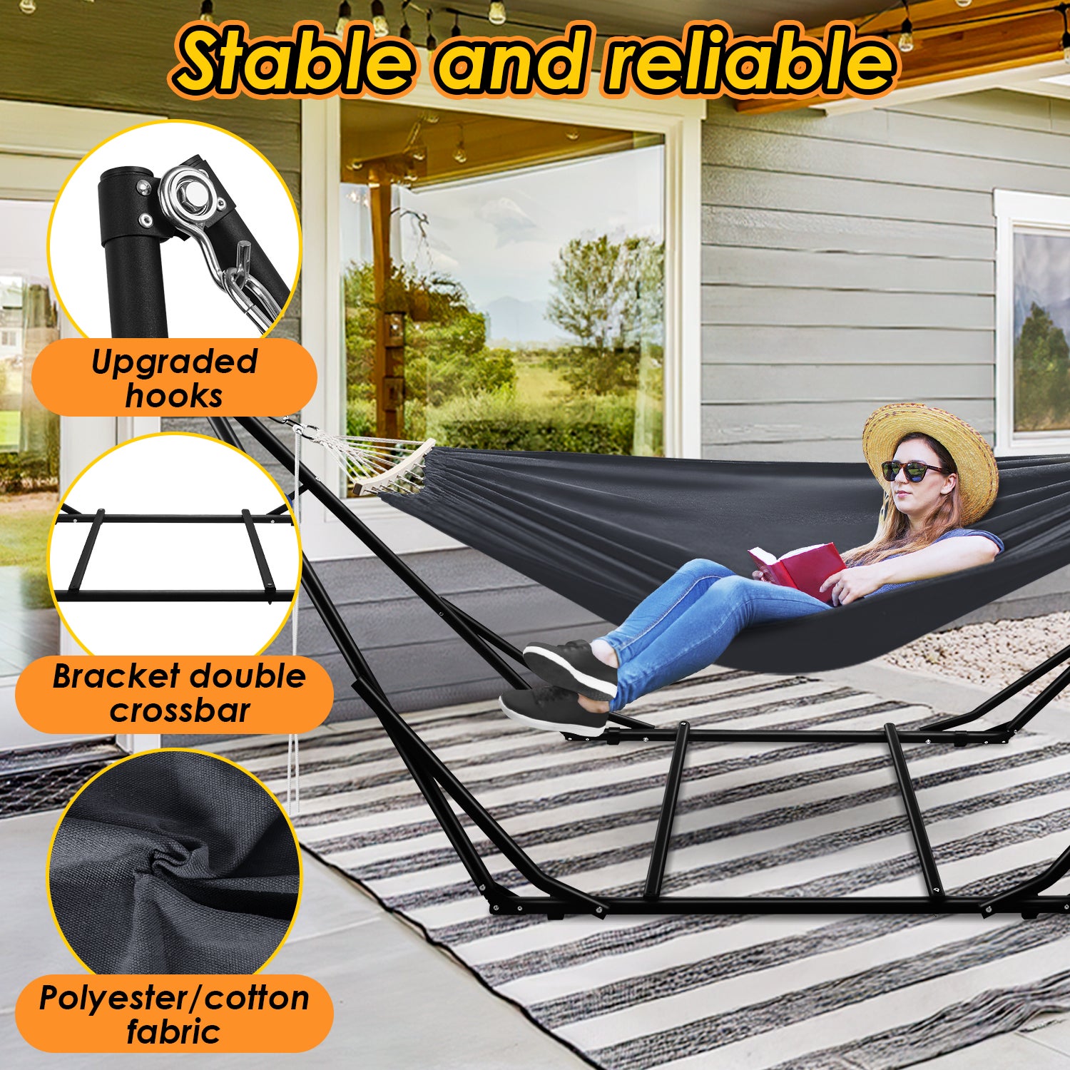 Hamac avec armature, hamac d'extérieur, poteau de hamac, chaise suspendue, gris foncé, jusqu'à 150 kg, support de hamac et toile - 3