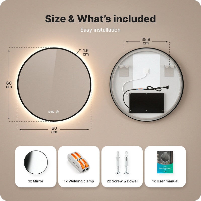 Mirlux Miroir de salle de bain rond à LED avec cadre noir mat, 60 cm, anti-condensation, rétroéclairage LED à 3 niveaux d'intensité. - 7