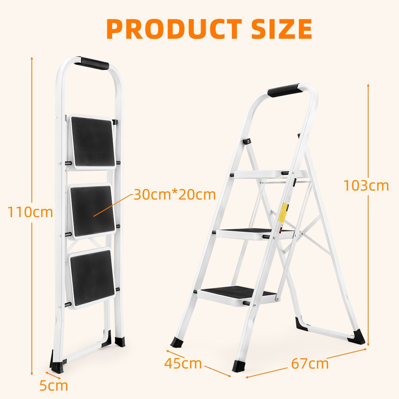 Escabeau 3 marches, escabeau pliant léger pour adultes avec pédales antidérapantes, robuste et portable, avec rampes, capacité de charge de 150 kg. - 6