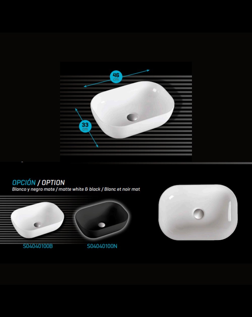 Lavatório de bancada em cerâmica branca brilhante | Lavatório de casa de banho para bancada retangular | 45,5cm x 33cm | Branco brilhante - 3