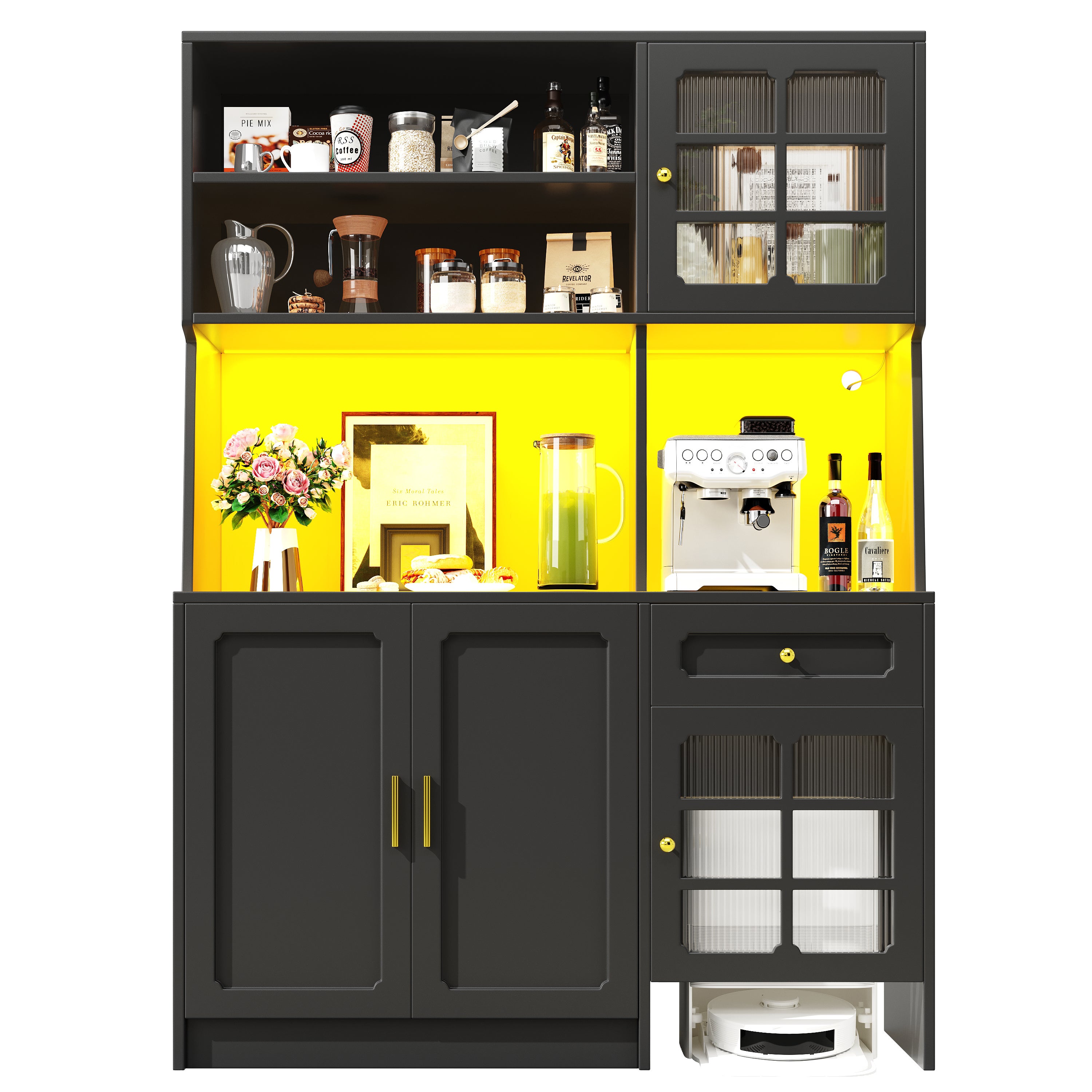 Buffet de cuisine avec 4 portes et 1 tiroir, vitrine - 130 x 45 x 180 cm - LEDs - MDF et verre - Noir - 7