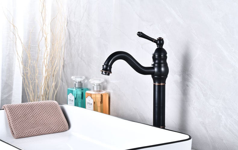 Bateria umywalkowa obrotowa Retro, obrotowa 360°, jednouchwytowa, wysoka wylewka, ciepła i zimna woda, dostępna w kolorze czarnym
