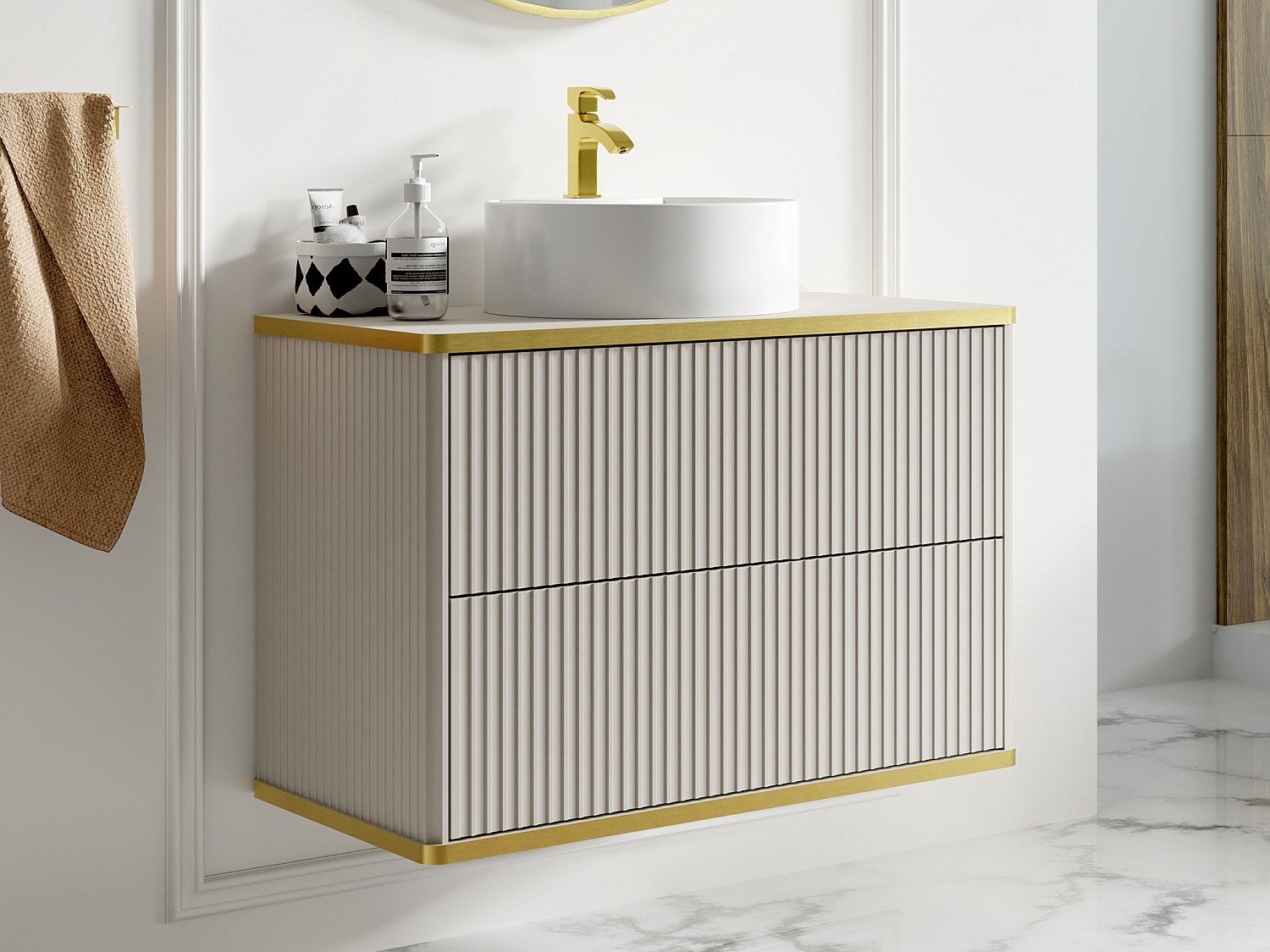 Szafka łazienkowa wisząca ryflowana ze złotą listwą i okrągłą umywalką nablatową - Beżowy - 80 cm - KELIZA